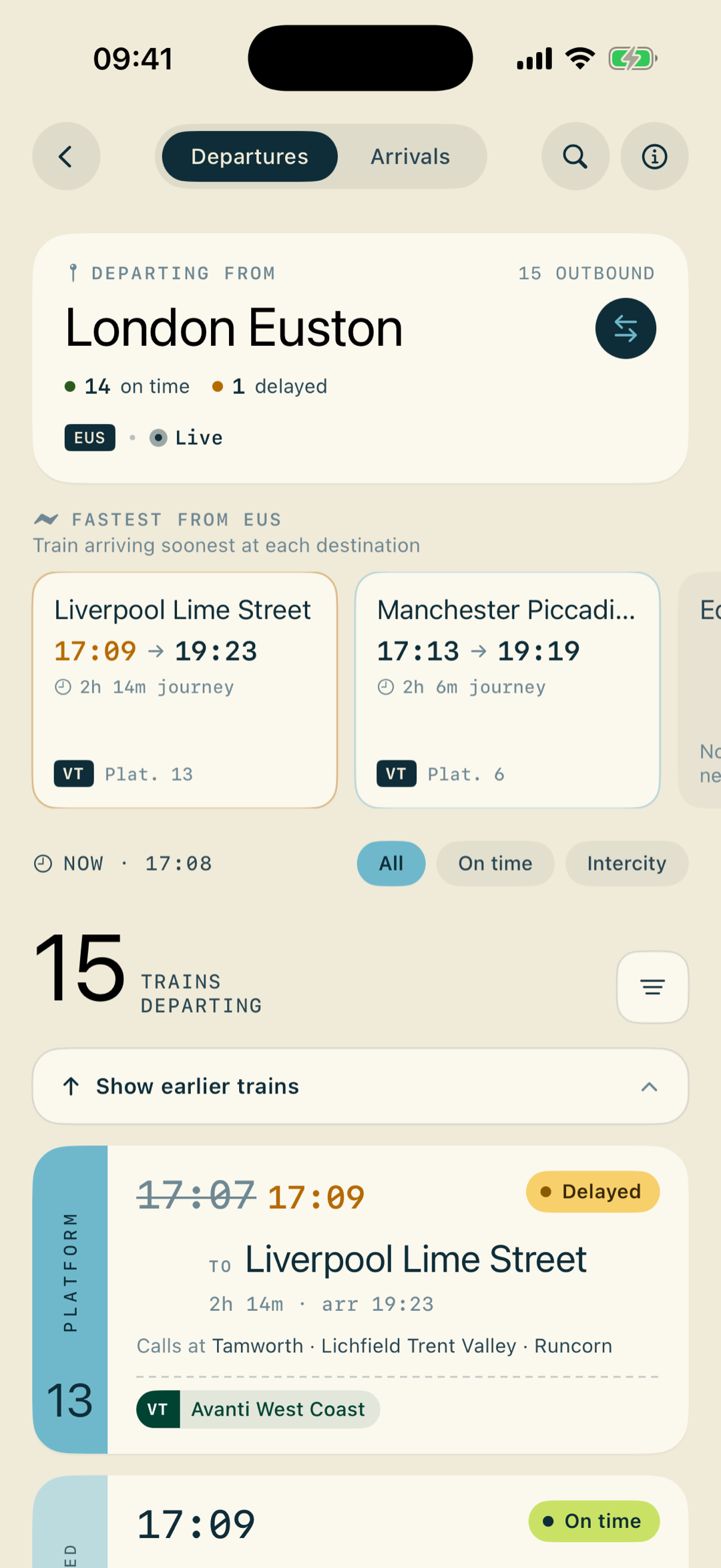 Live Rail departures board for London Euston: an on-time tally, a row of fastest trains to each destination, and live service cards with platforms, operators and delays.